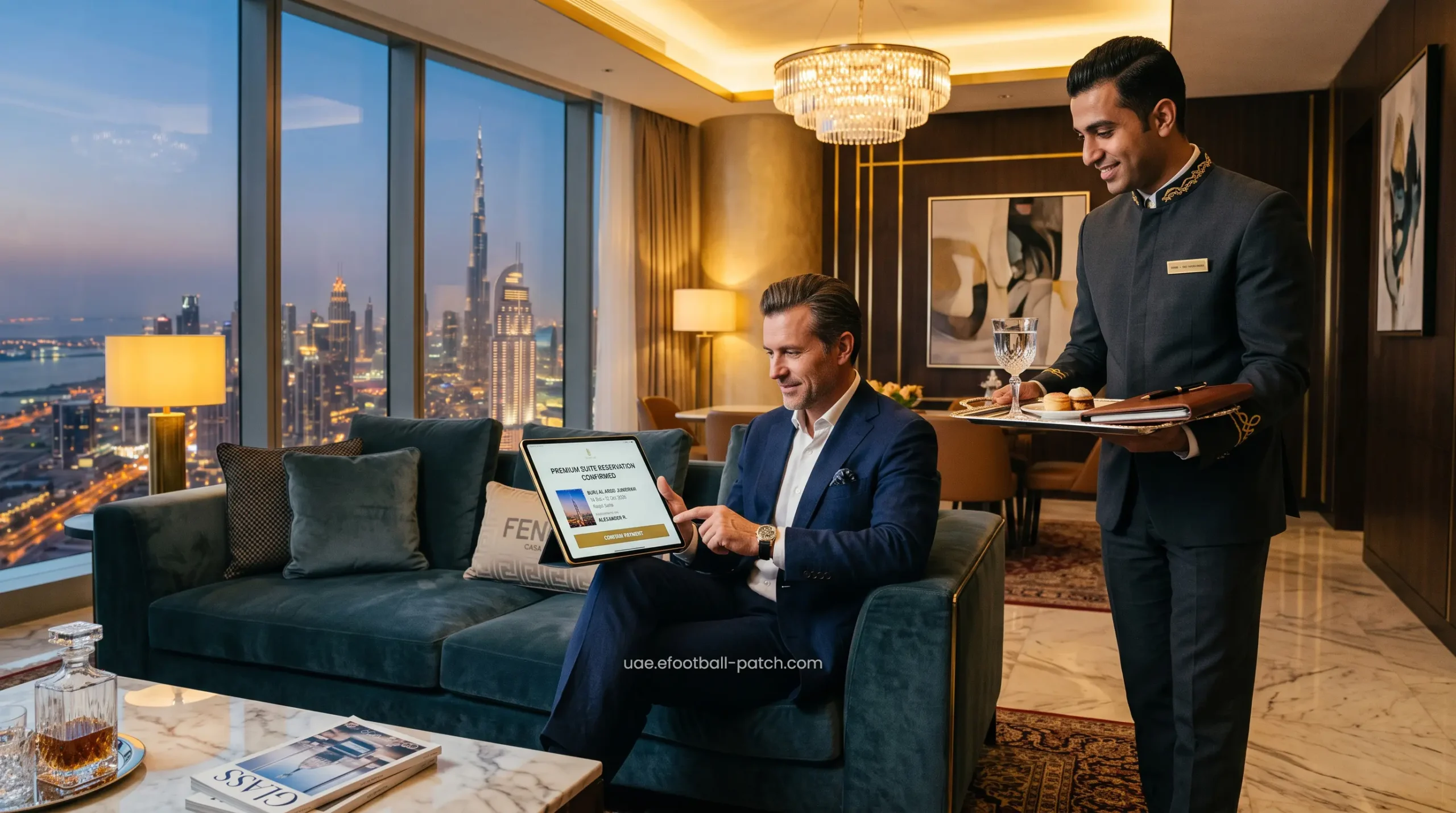High-net-worth traveler finalizing luxury staycation premium tariffs at a 7-star Dubai resort.