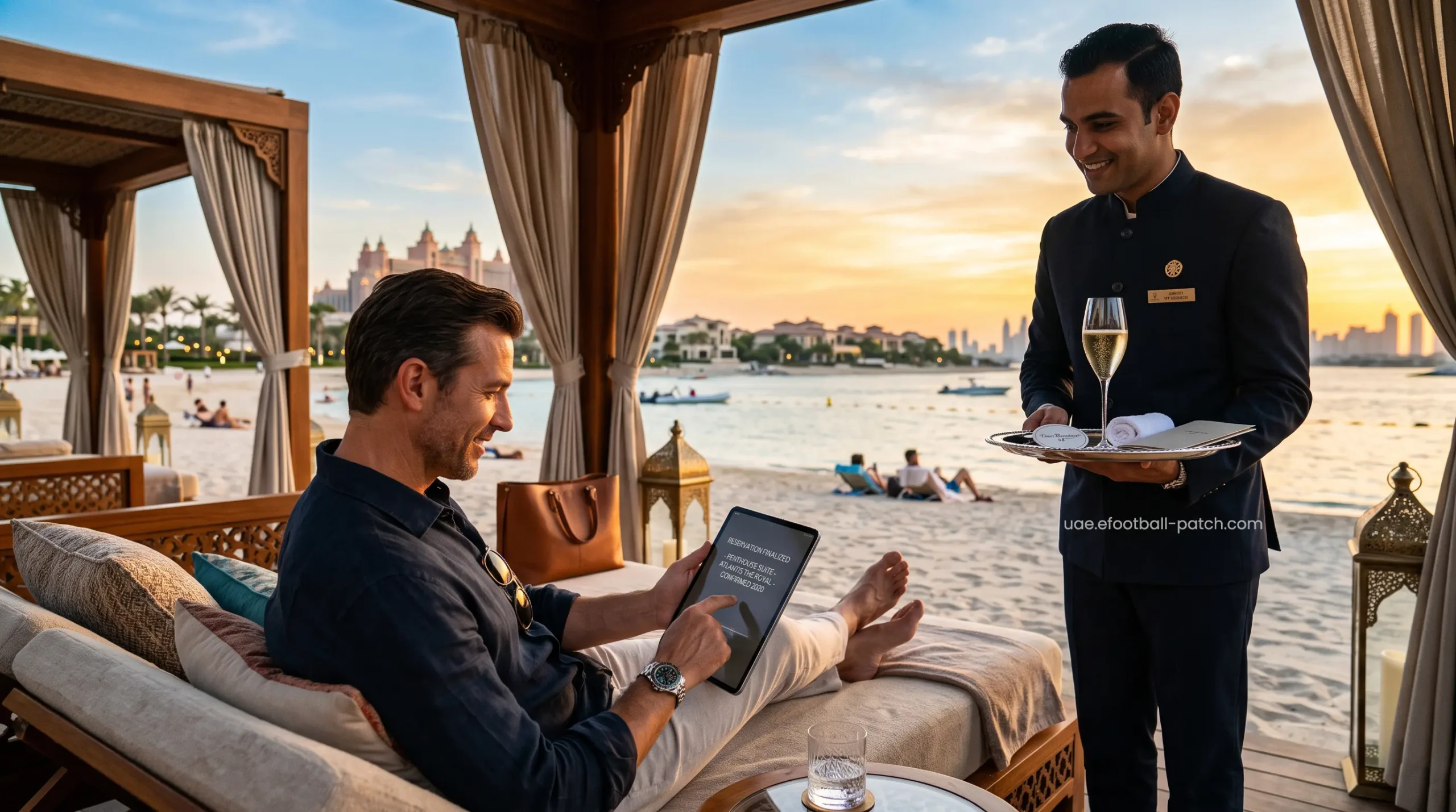 Exclusive private beach access at a Palm Jumeirah premium resort displaying luxury tariffs.